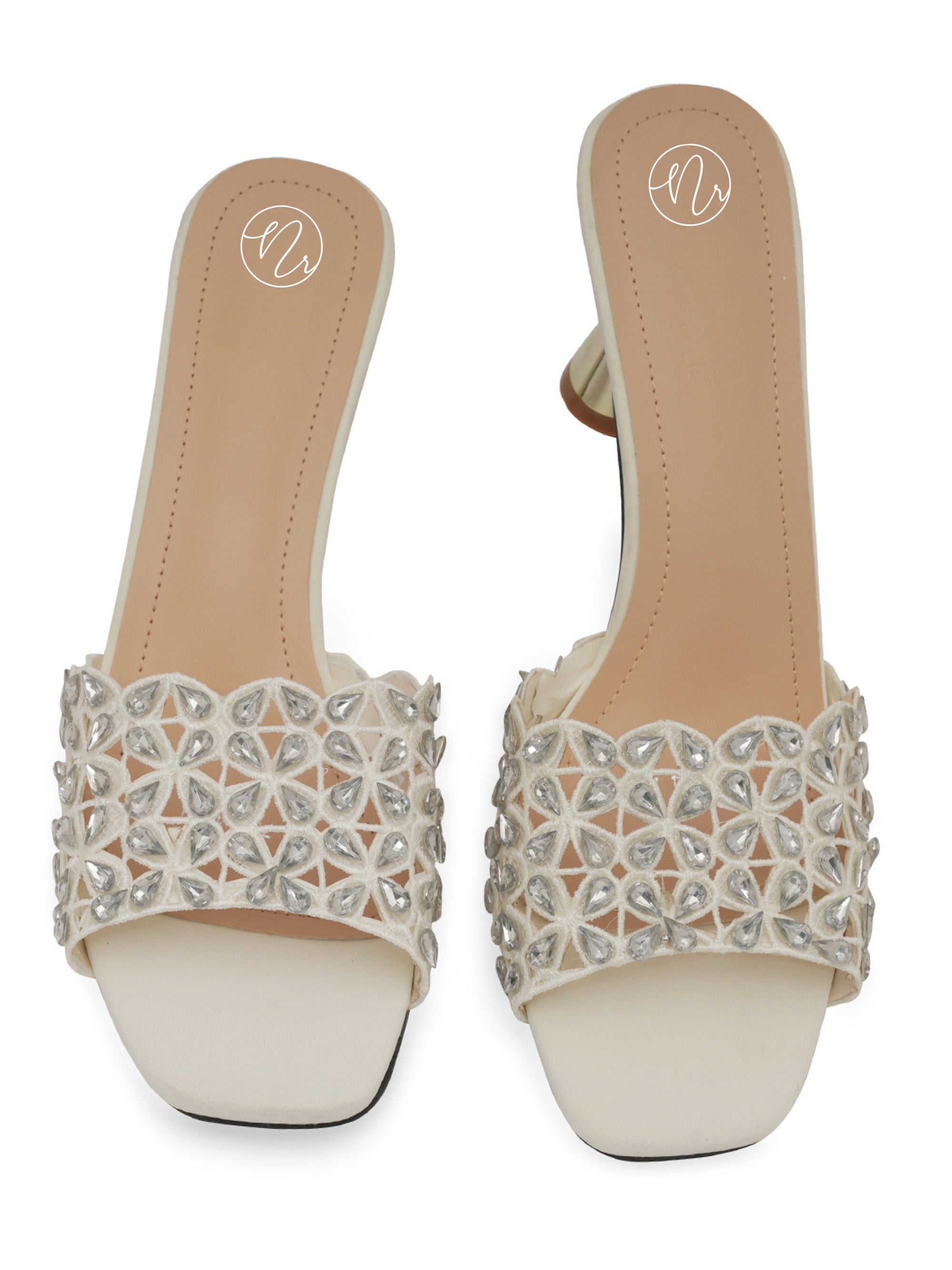 NR White Stone Embellisment With Cut Work Block Heels