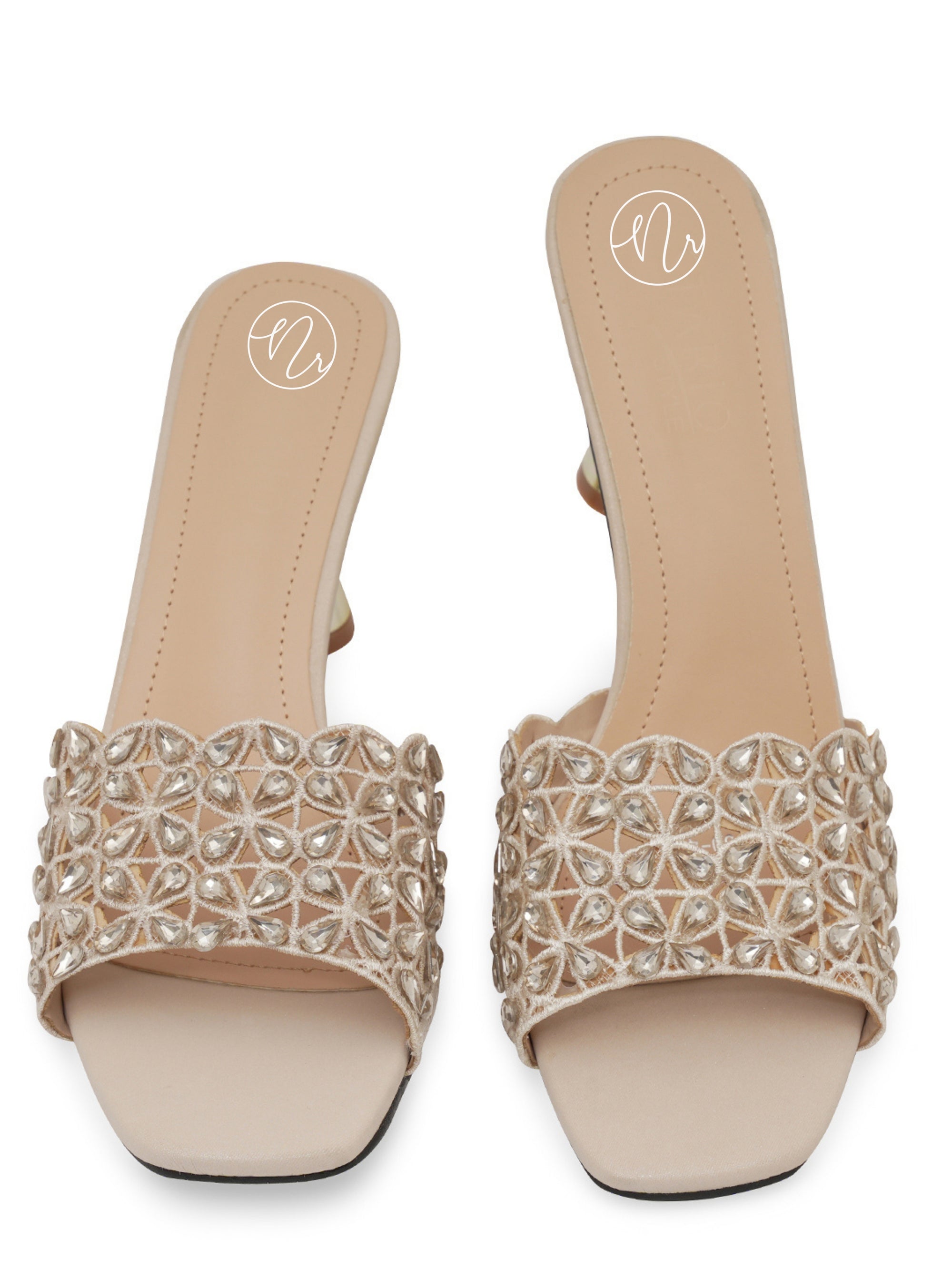 NR Champagne Stone Embellisment With Cut Work Block Heels