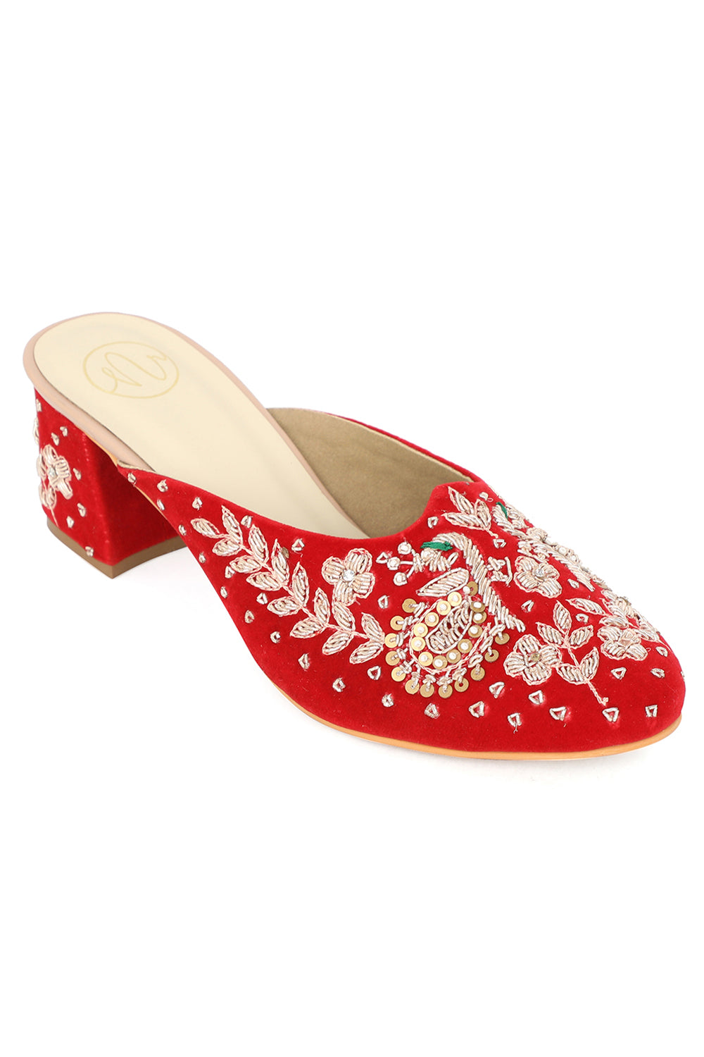 NR By Nidhi Rathi Embellished Velvet Pointed Toe Block Mules