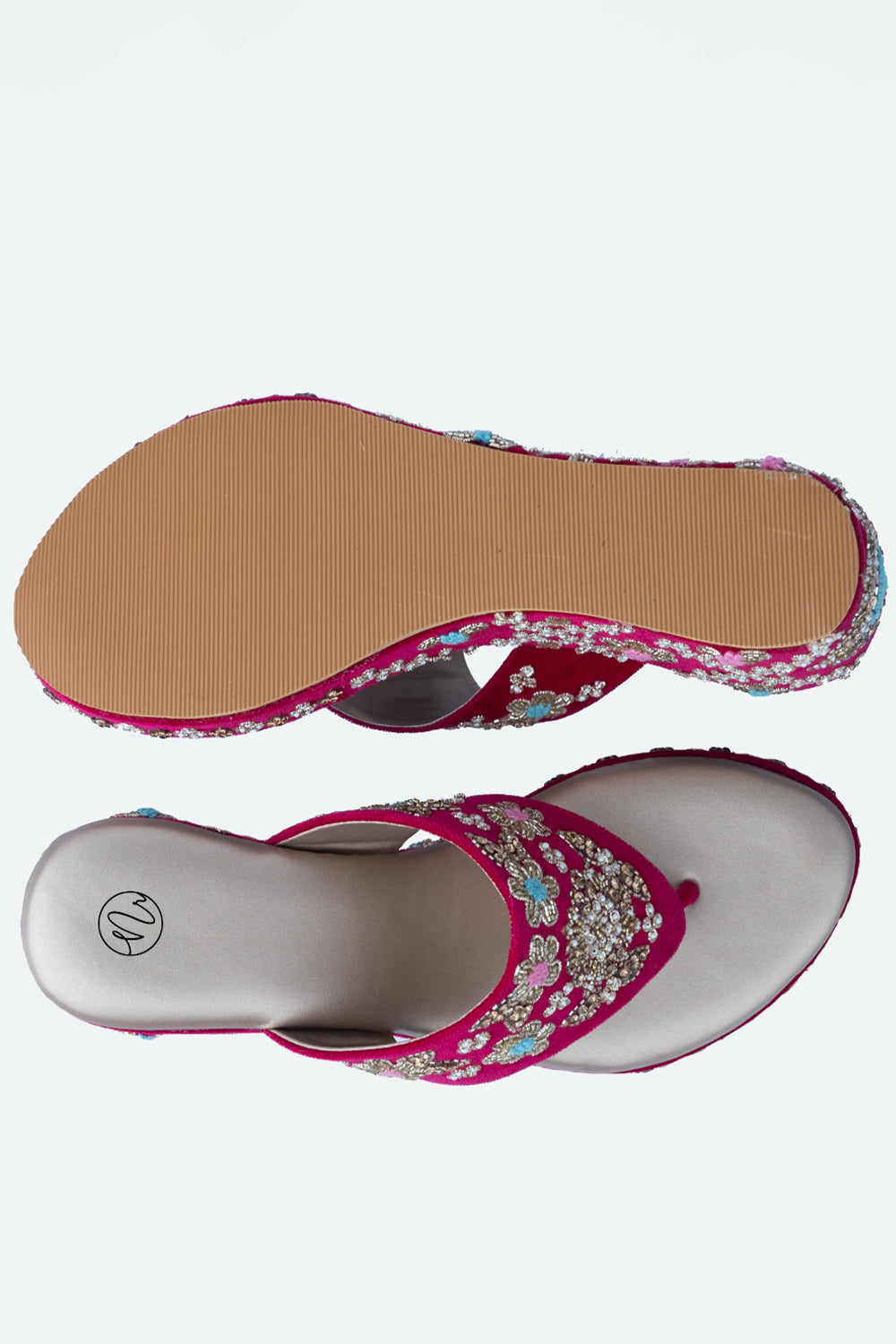 NR By Nidhi Rathi Pink Embellished Velvet Ethnic Wedge Sandals