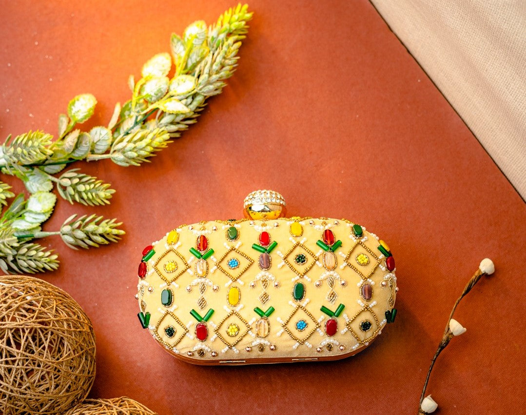 NR By Nidhi Rathi Beige White Embroidered Box Clutch