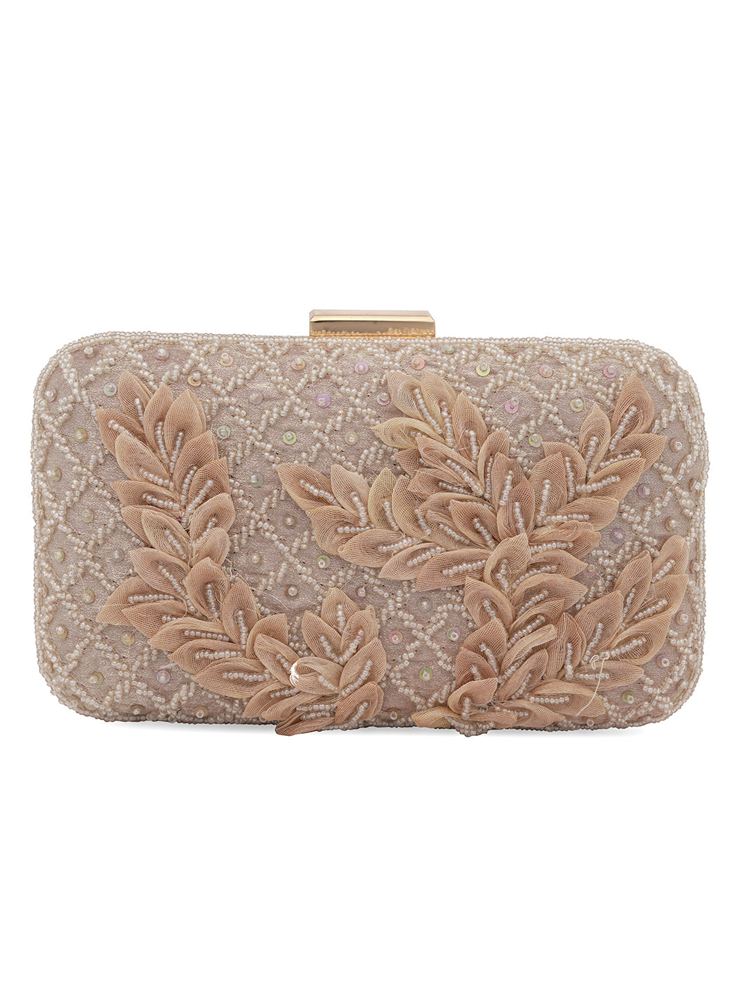 Peach Patch Work Embellised Clutch Bag