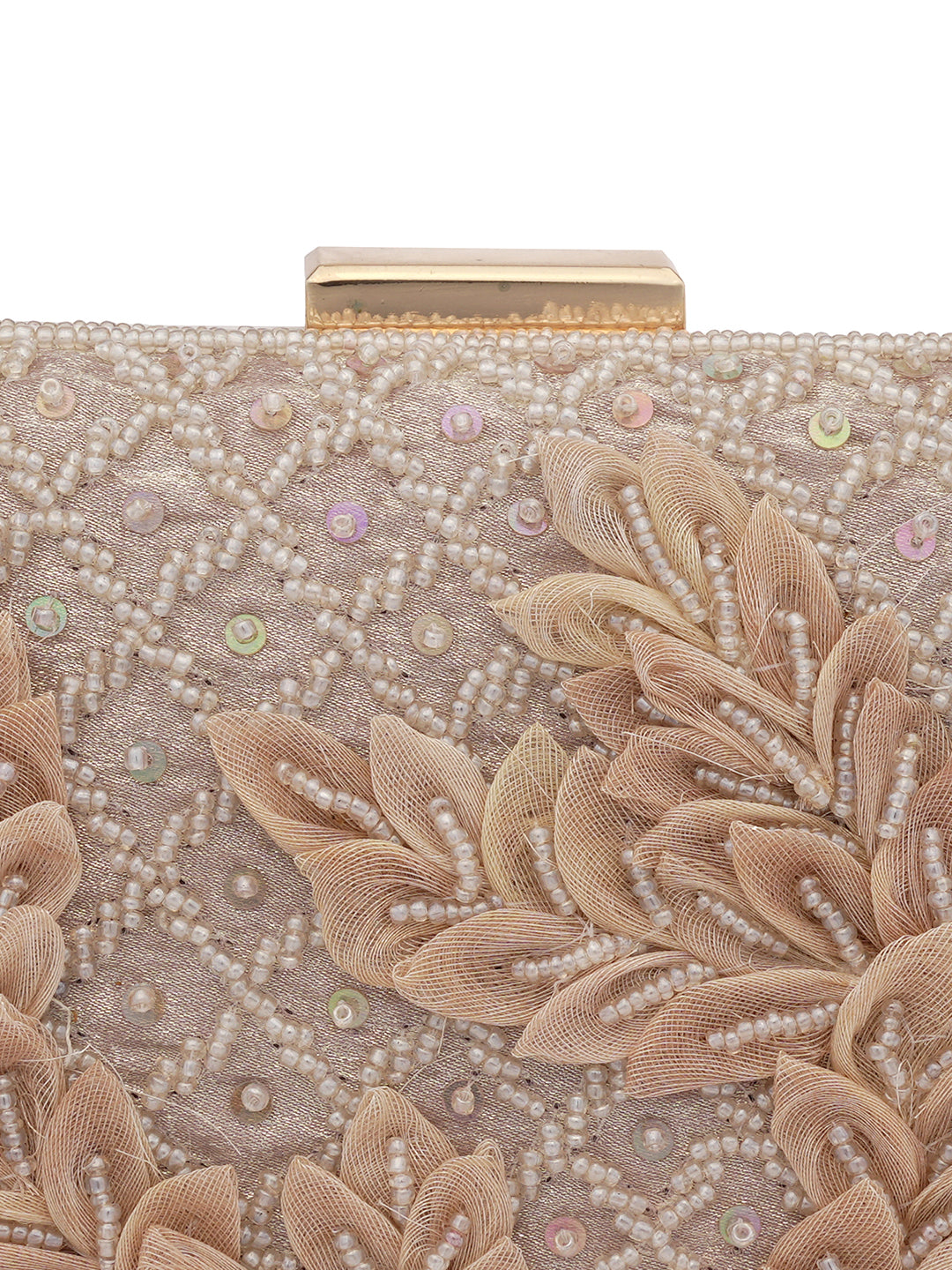 Peach Patch Work Embellised Clutch Bag