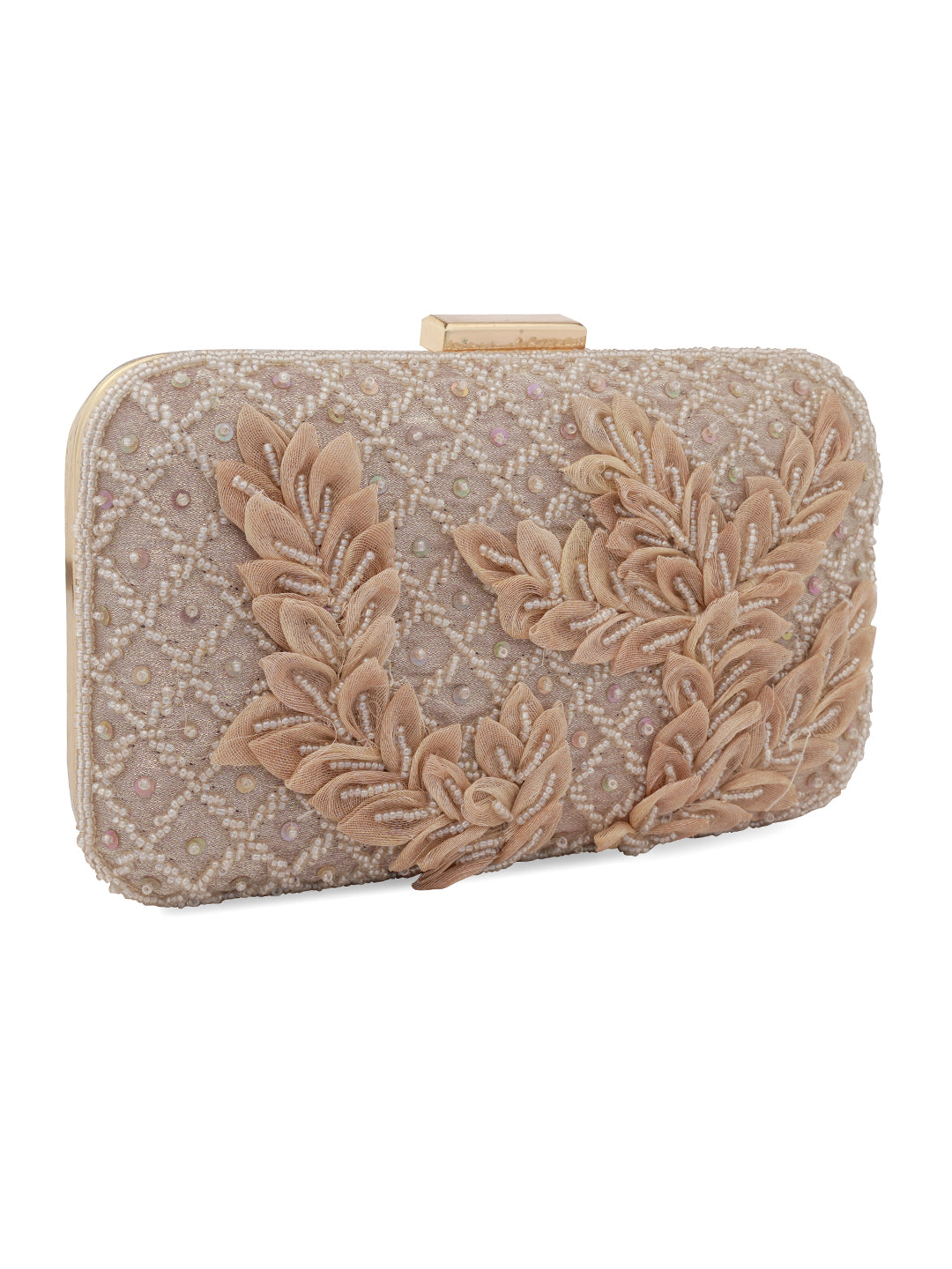 Peach Patch Work Embellised Clutch Bag