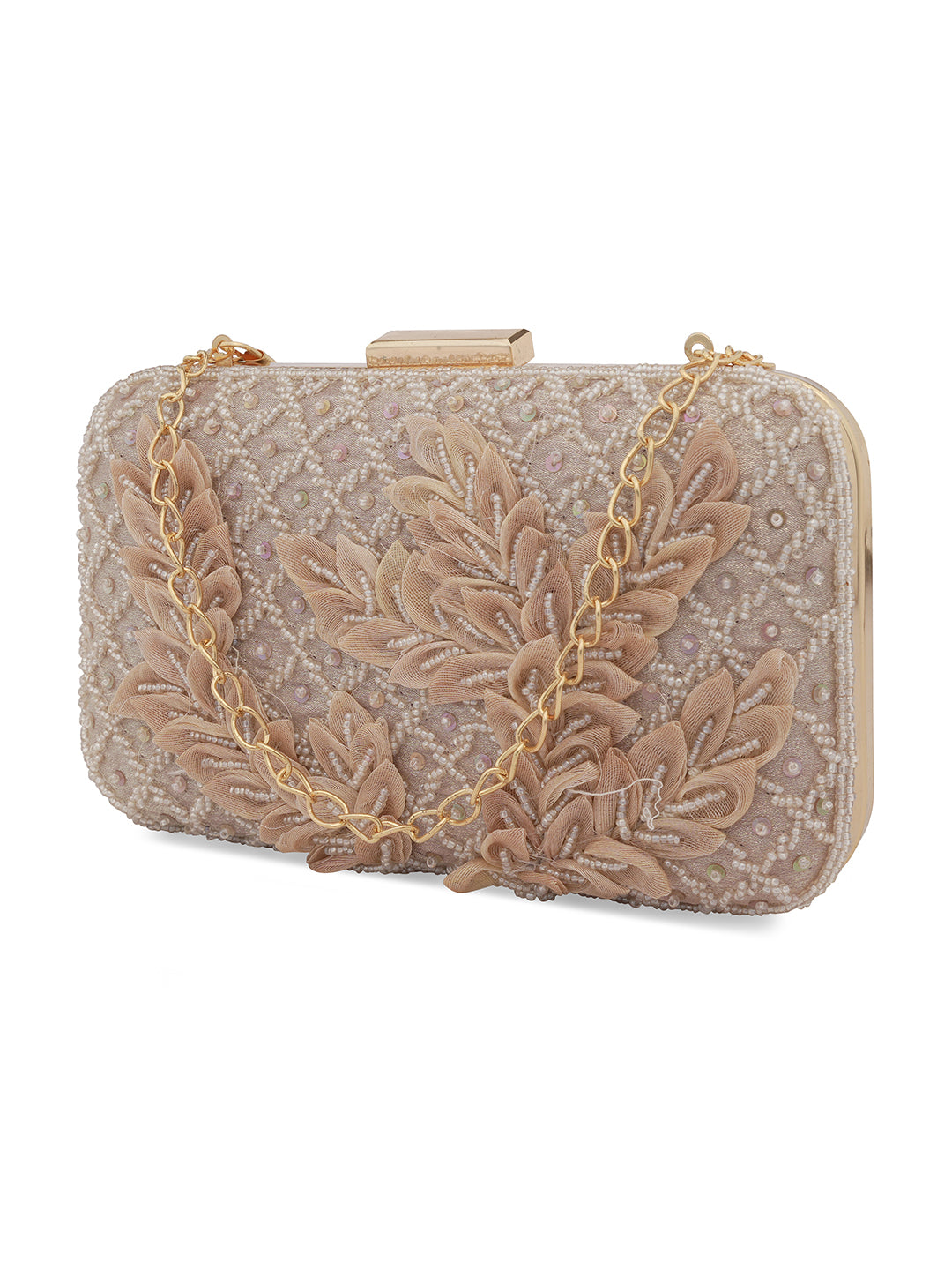 Peach Patch Work Embellised Clutch Bag