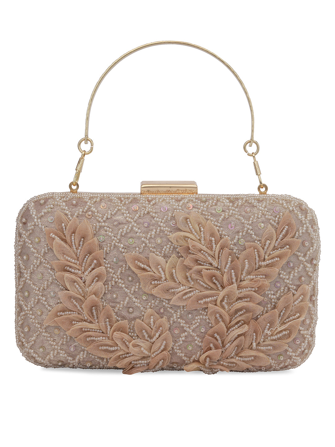 Peach Patch Work Embellised Clutch Bag