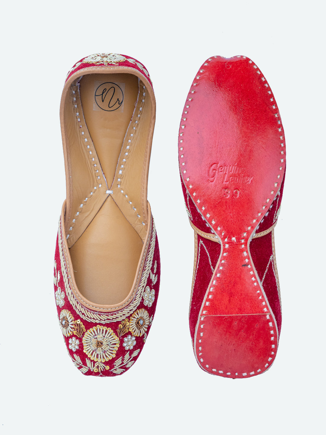 NR By Nidhi Rathi Women Maroon Hand Embroidered Leather Ethnic Mojaris Flats