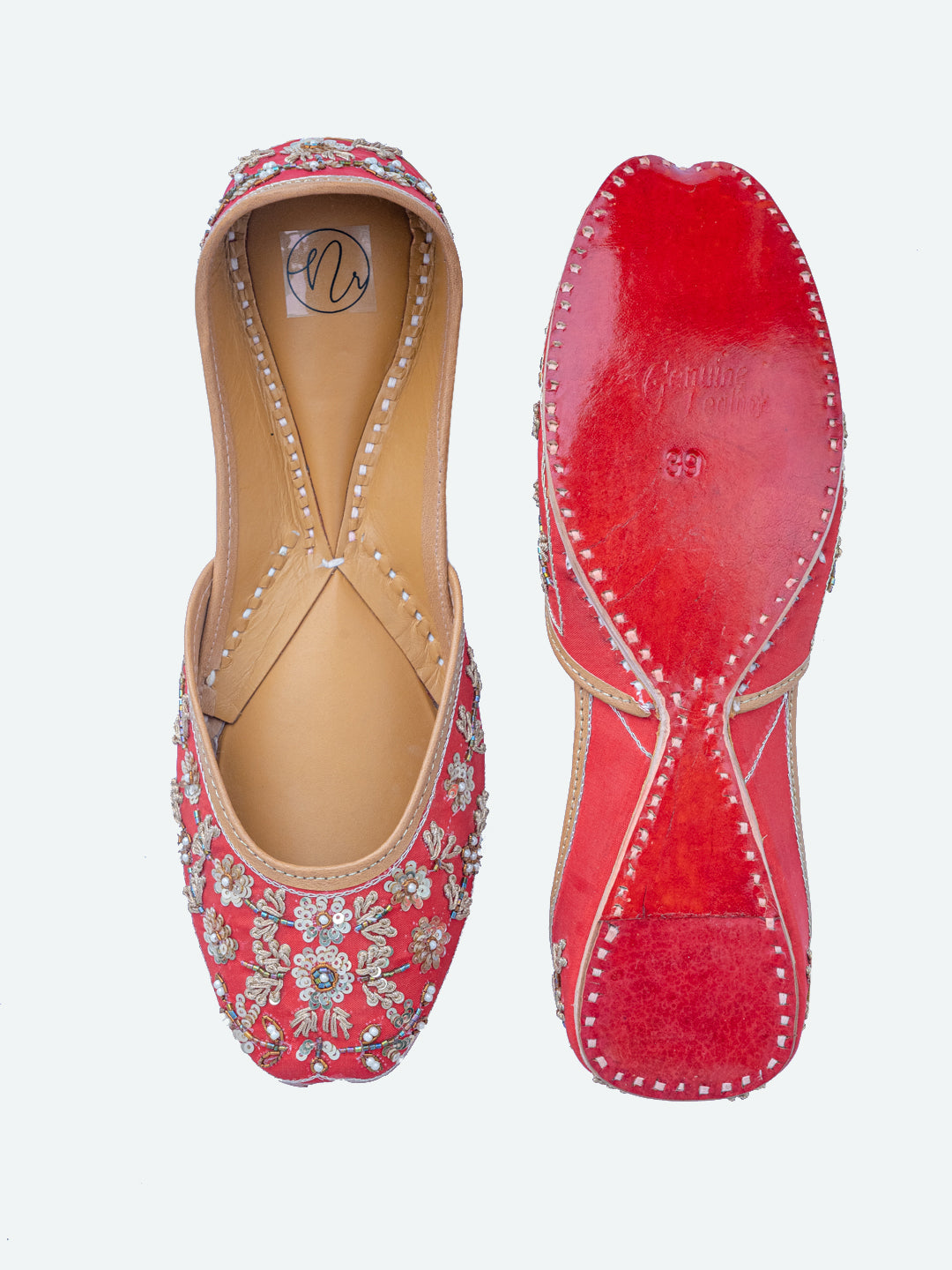 NR By Nidhi Rathi Women Red Hand Embroidered Embellished Mojaris Flats