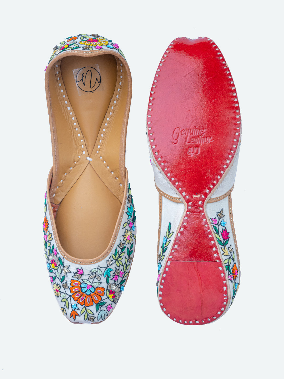 NR By Nidhi Rathi Women White Hand Embroidered Leather Ethnic Mojaris Flats