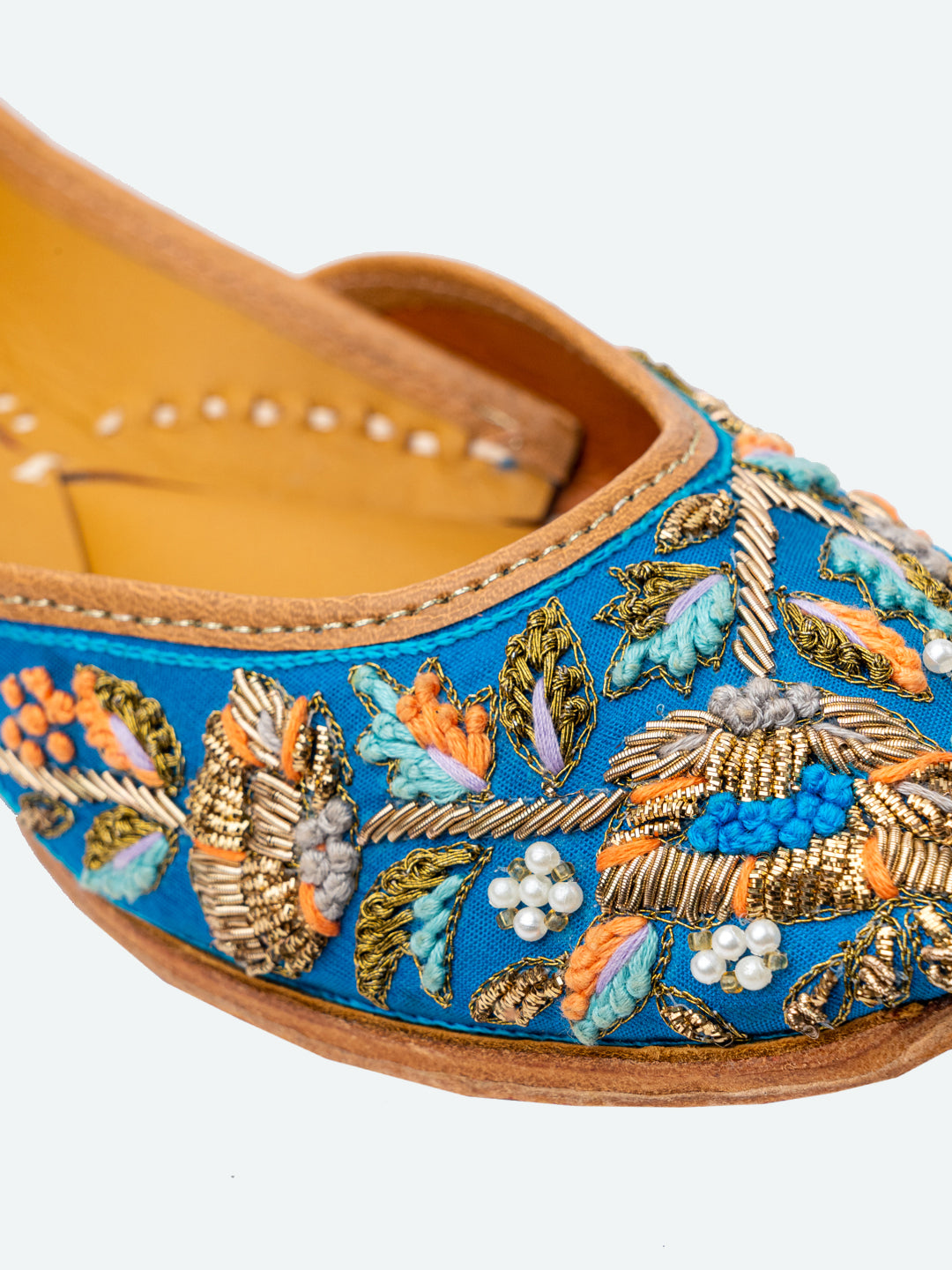 NR By Nidhi Rathi Women Blue Hand Embroidered Leather Ethnic Mojaris Flats