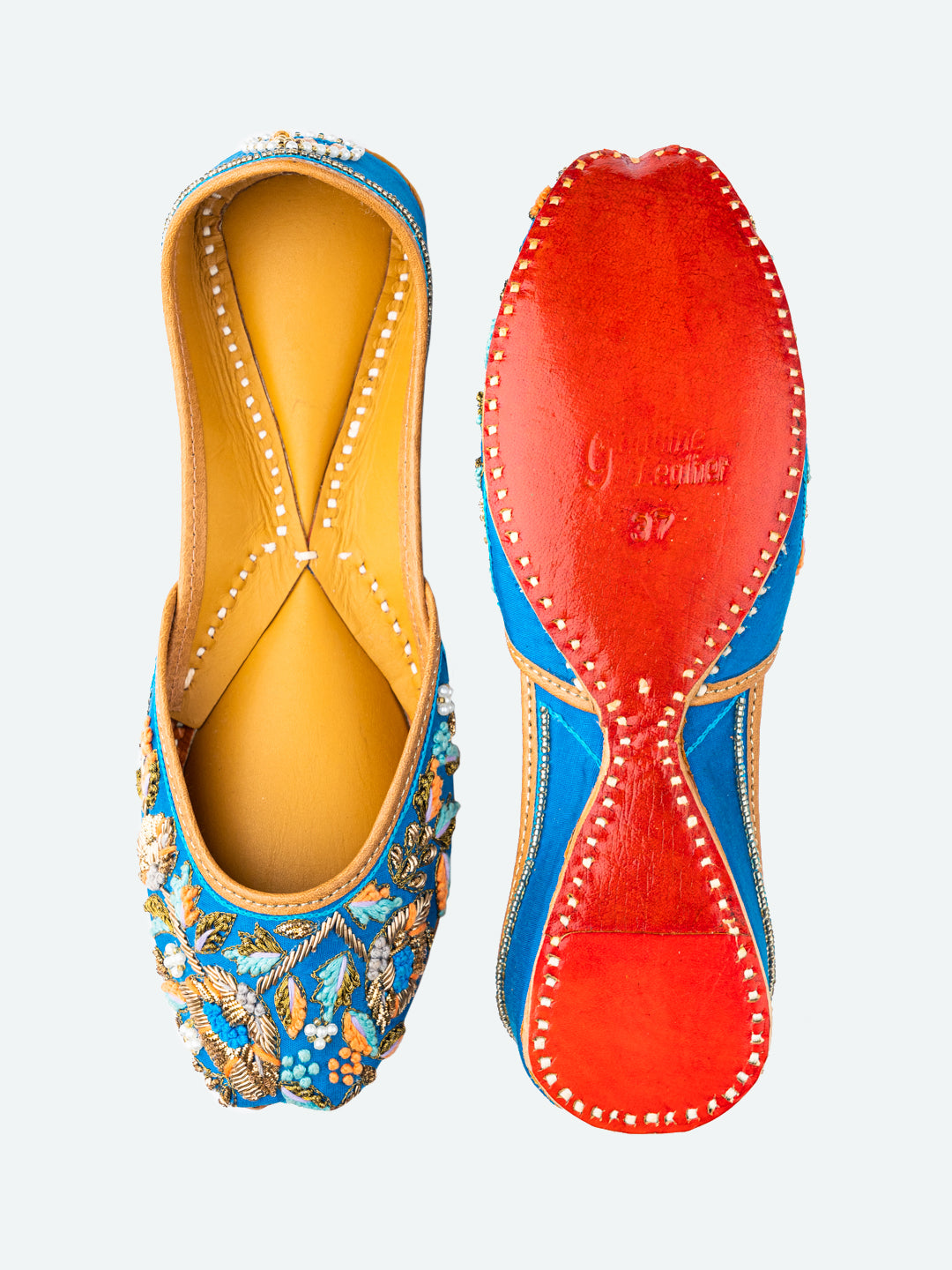 NR By Nidhi Rathi Women Blue Hand Embroidered Leather Ethnic Mojaris Flats