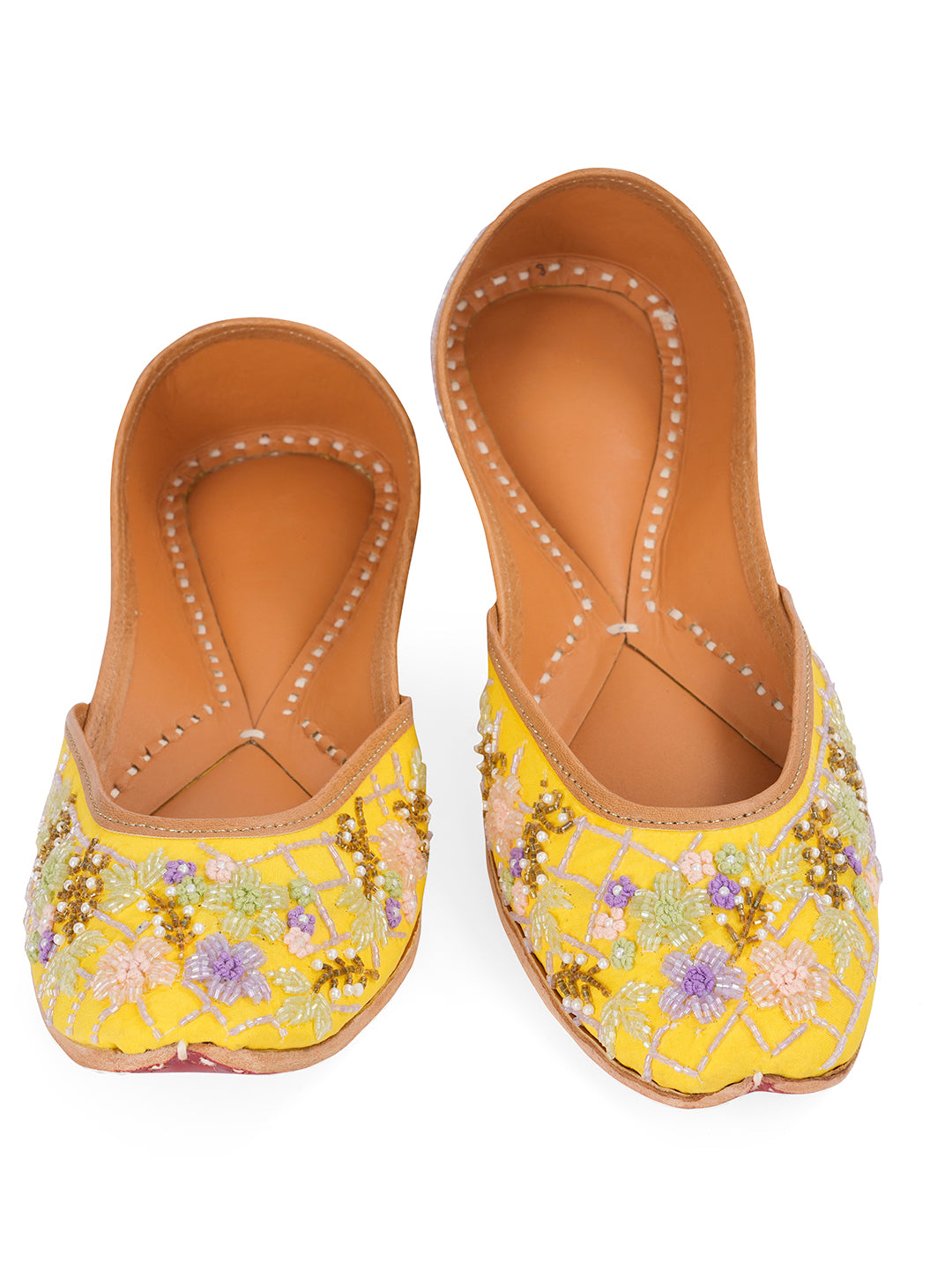 NR By Nidhi Rathi Women Yellow Beaded Embellised Leather Ethnic Mojaris Flats