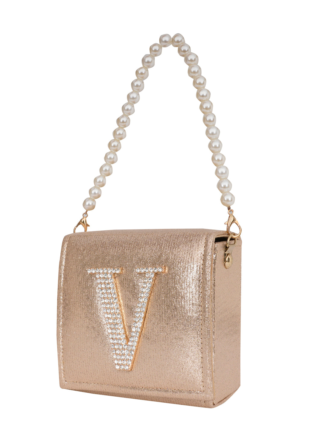 Golden V Alphabhet Intial Embellised Flap Bag