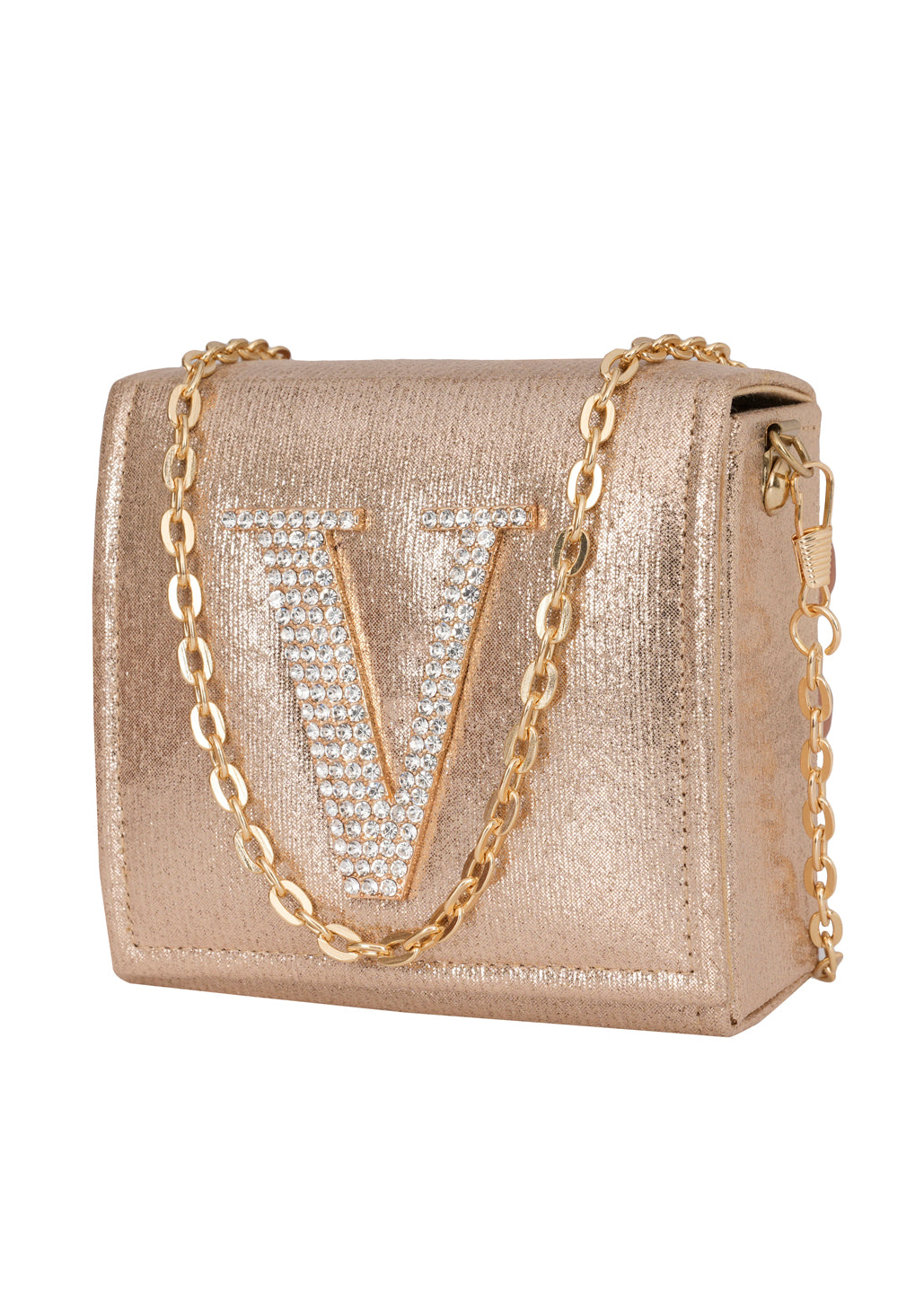 Golden V Alphabhet Intial Embellised Flap Bag