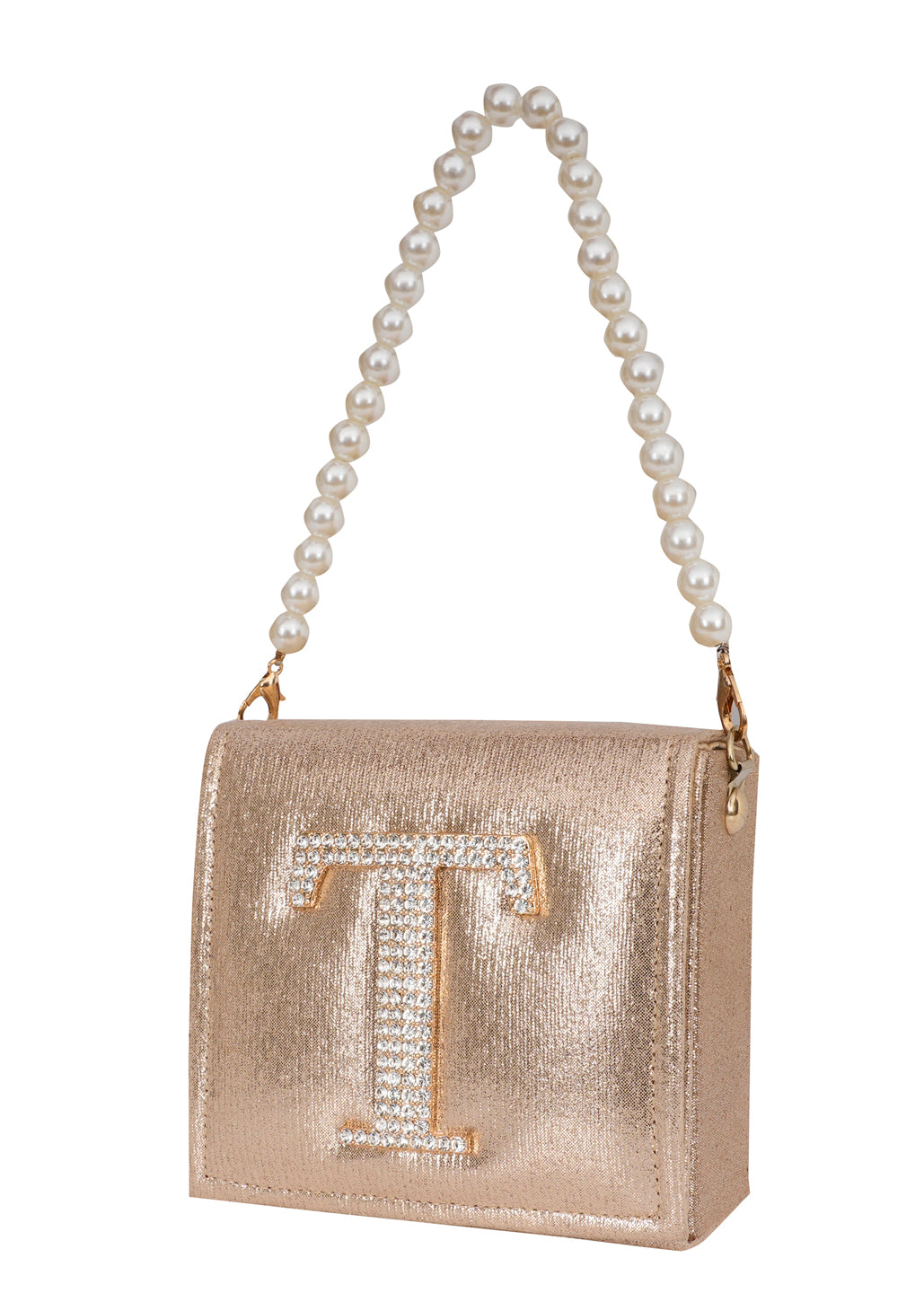 Golden T Alphabhet Intial Embellised Flap Bag