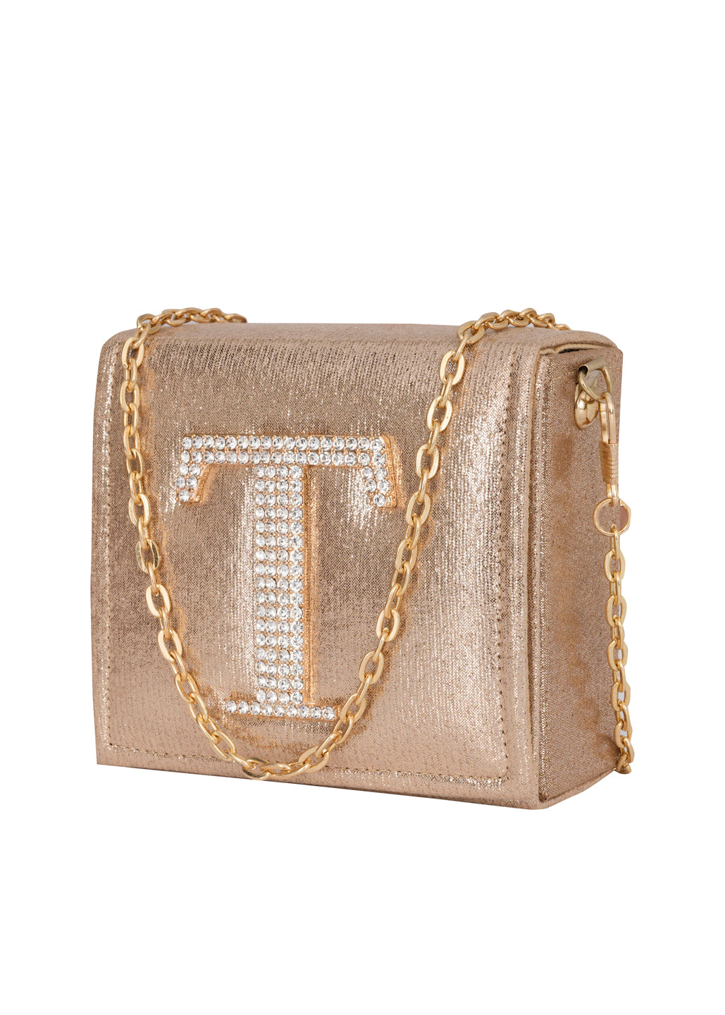 Golden T Alphabhet Intial Embellised Flap Bag