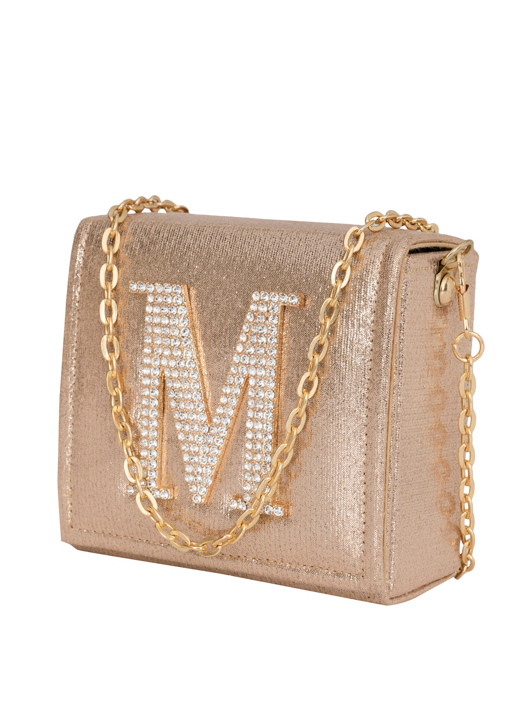 Golden M Alphabhet Intial Embellised Flap Bag