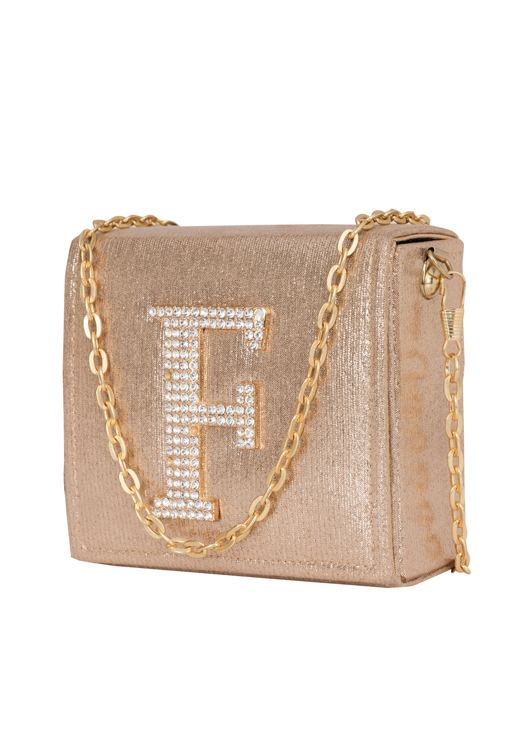 Golden F Alphabhet Intial Embellised Flap Bag