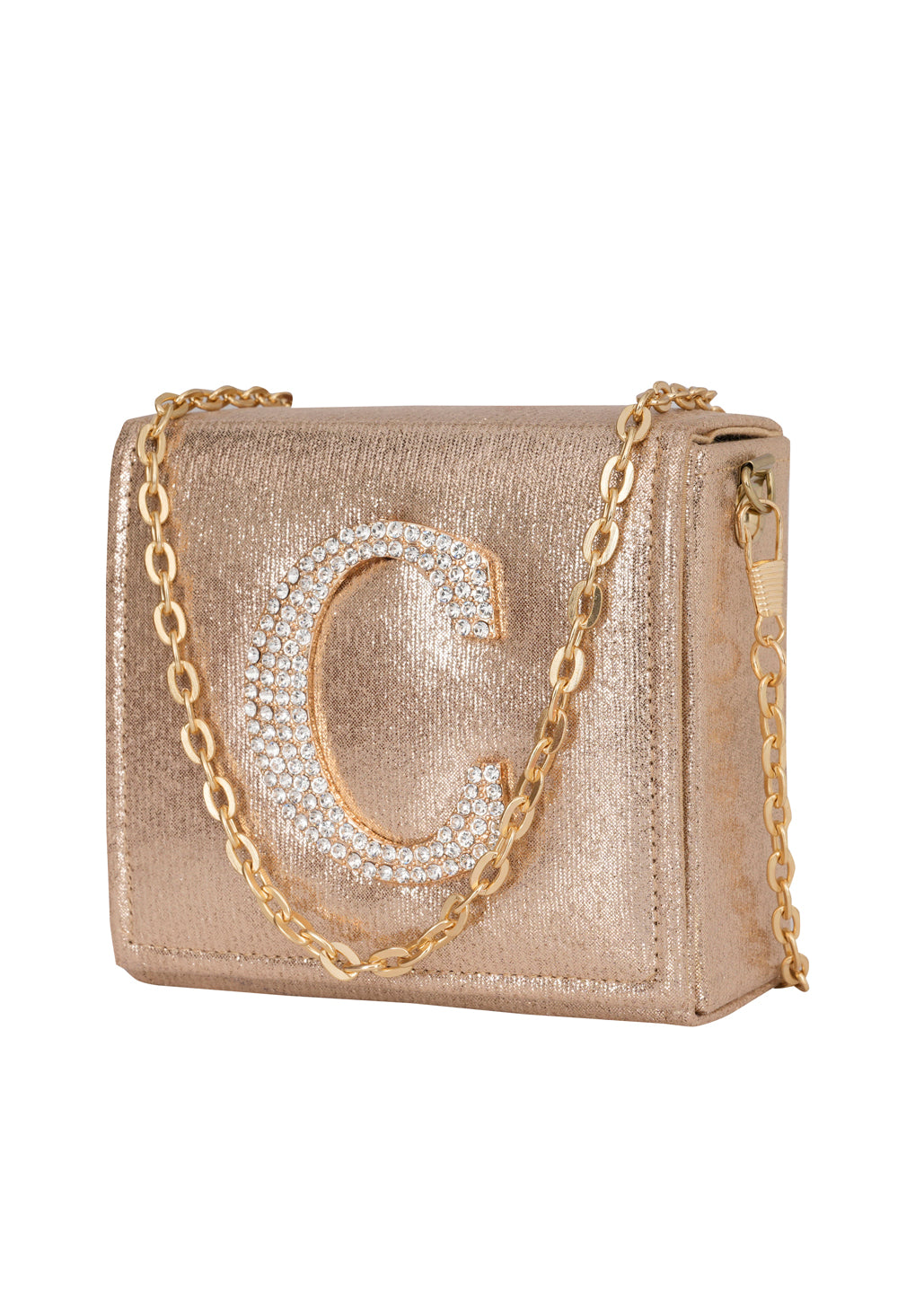 Golden C Alphabhet Intial Embellised Flap Bag